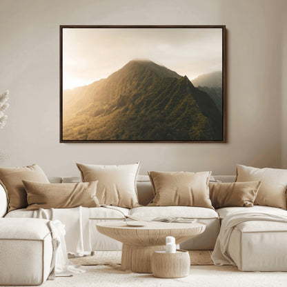 42338636-MGV-FC-36X24_Walnut-Golden Mountain Wall Art Canvas Print, Framed Misty Summit Art Picture Print, Rugged Landscape Perfect Moody Wilderness Decor