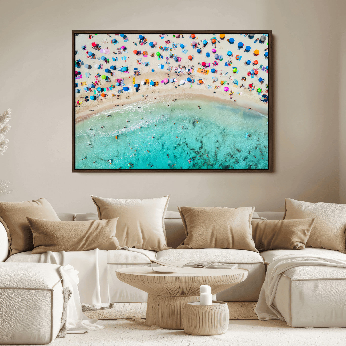 76172085-MGV-FC-36X24_Walnut-Tropical Shoreline Wall Art Canvas Print, Framed Beach Relaxing Art Picture Print, Aerial Summer Perfect Coastal Vibrant Decor