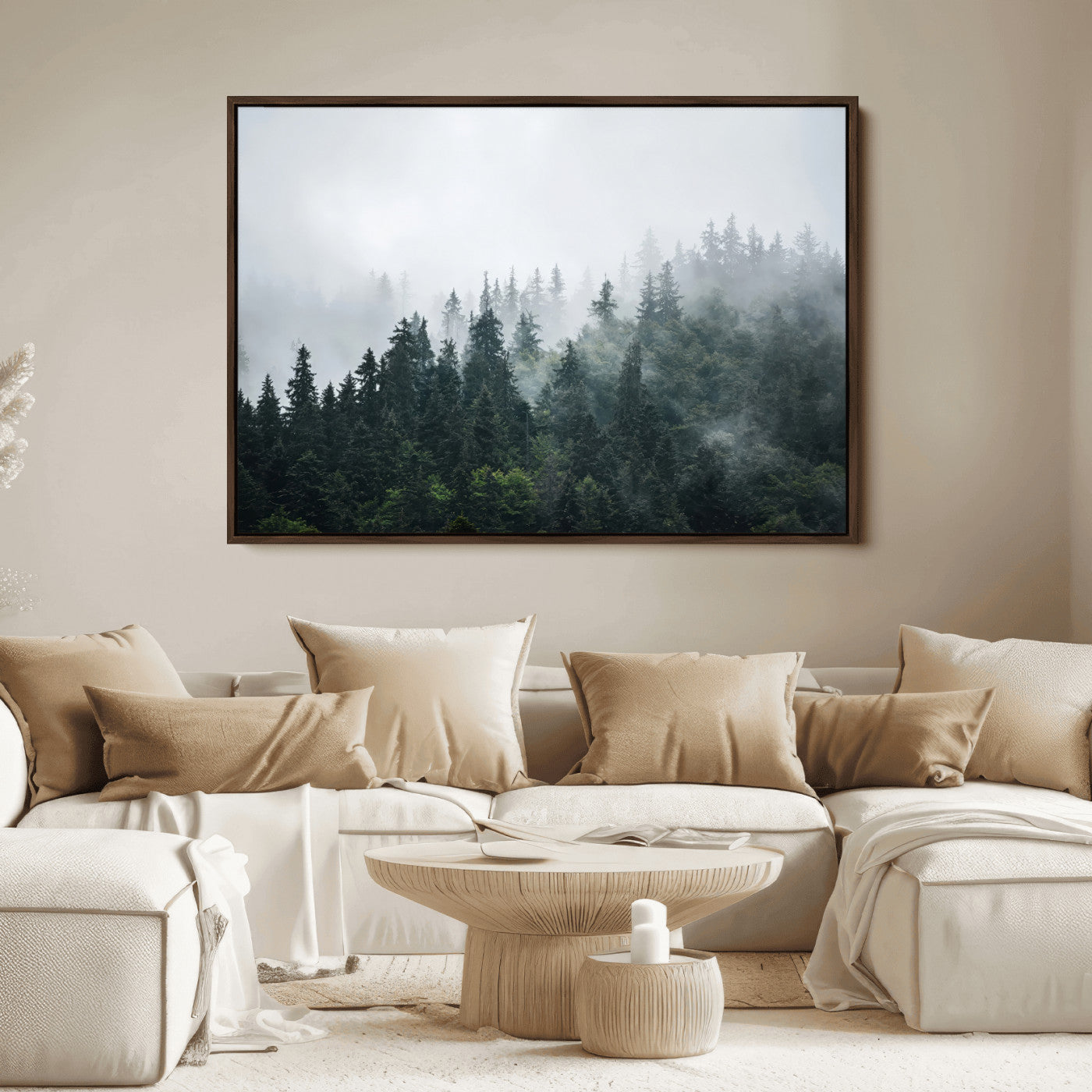 84146572-MGV-FC-36X24_Walnut-Foggy Pine Trees Wall Art Canvas Print, Framed Forest Nature Art Picture Print, Evergreen Forest Perfect Scandinavian Minimalist