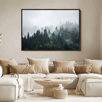 84146572-MGV-FC-36X24_Walnut-Foggy Pine Trees Wall Art Canvas Print, Framed Forest Nature Art Picture Print, Evergreen Forest Perfect Scandinavian Minimalist