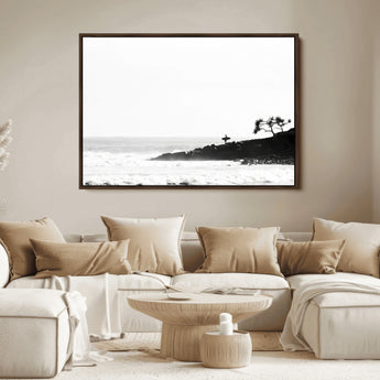 40875891-MGV-FC-36X24_Walnut-SurferCliffs Wall Art Canvas Print, Framed Black White Beach Art Picture Print, Ocean Waves Perfect Minimalist Coastal Decor