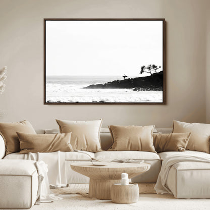 40875891-MGV-FC-36X24_Walnut-SurferCliffs Wall Art Canvas Print, Framed Black White Beach Art Picture Print, Ocean Waves Perfect Minimalist Coastal Decor