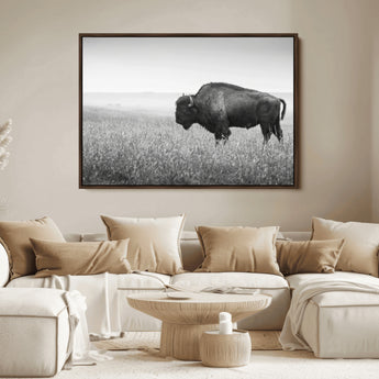 28435251-MGV-FC-36X24_Walnut-Bison In Prairie Wall Art Canvas Print, Framed Rustic Wildlife Art Picture Print, Wild Buffalo Perfect Rustic Western Decor