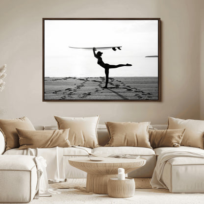 28441356-MGV-FC-36X24_Walnut-Yoga Surf Wall Art Canvas Print, Framed Black White Shore Art Picture Print, Peaceful Ocean Perfect Minimalist Coastal Decor