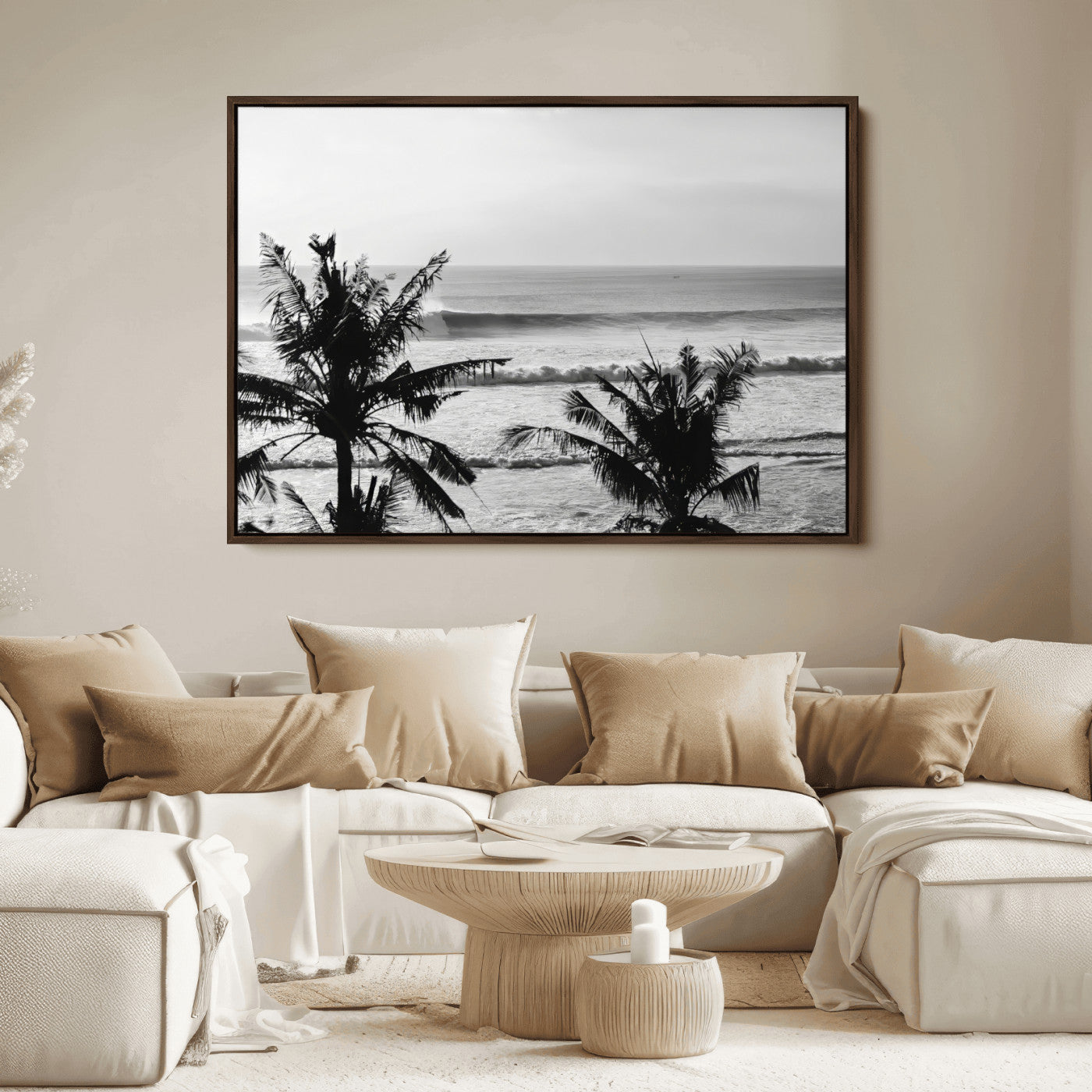 17508038-MGV-FC-36X24_Walnut-Tropical Coastline Wall Art Canvas Print, Framed Palm Trees Art Picture Print, Ocean Waves Perfect Minimalist Coastal Decor