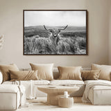24051061-MGV-FC-36X24_Walnut-Monochrome Highland Cow Wall Art Canvas Print, Framed Scottish Bull Art Picture Print, Lone Cattle Perfect Rustic Farmhouse Decor