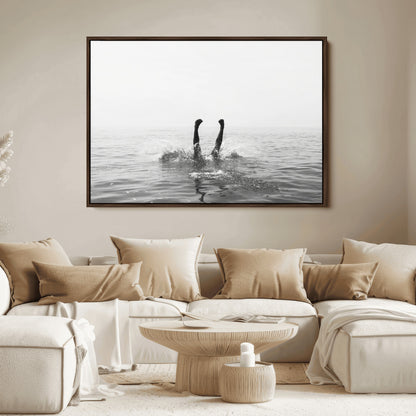 26667396-MGV-FC-36X24_Walnut-Black White Ocean Wall Art Canvas Print, Framed Monochrome Water Art Picture Print, Diving into Water Perfect Minimalist Aquatic