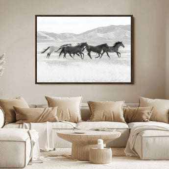 69934913-MGV-FC-36X24_Walnut-Wild Horses Running Wall Art Canvas Print, Framed Black White Mustangs Art Picture Print, Rustic Western Perfect Rustic Western