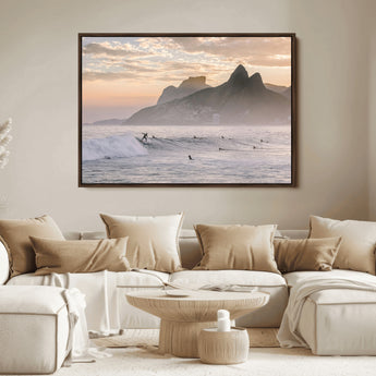 70644906-MGV-FC-36X24_Walnut-Sunset Surfing Wall Art Canvas Print, Framed Misty Mountains Art Picture Print, Surfer Riding Wave Perfect Coastal Adventure Decor