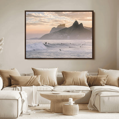 70644906-MGV-FC-36X24_Walnut-Sunset Surfing Wall Art Canvas Print, Framed Misty Mountains Art Picture Print, Surfer Riding Wave Perfect Coastal Adventure Decor