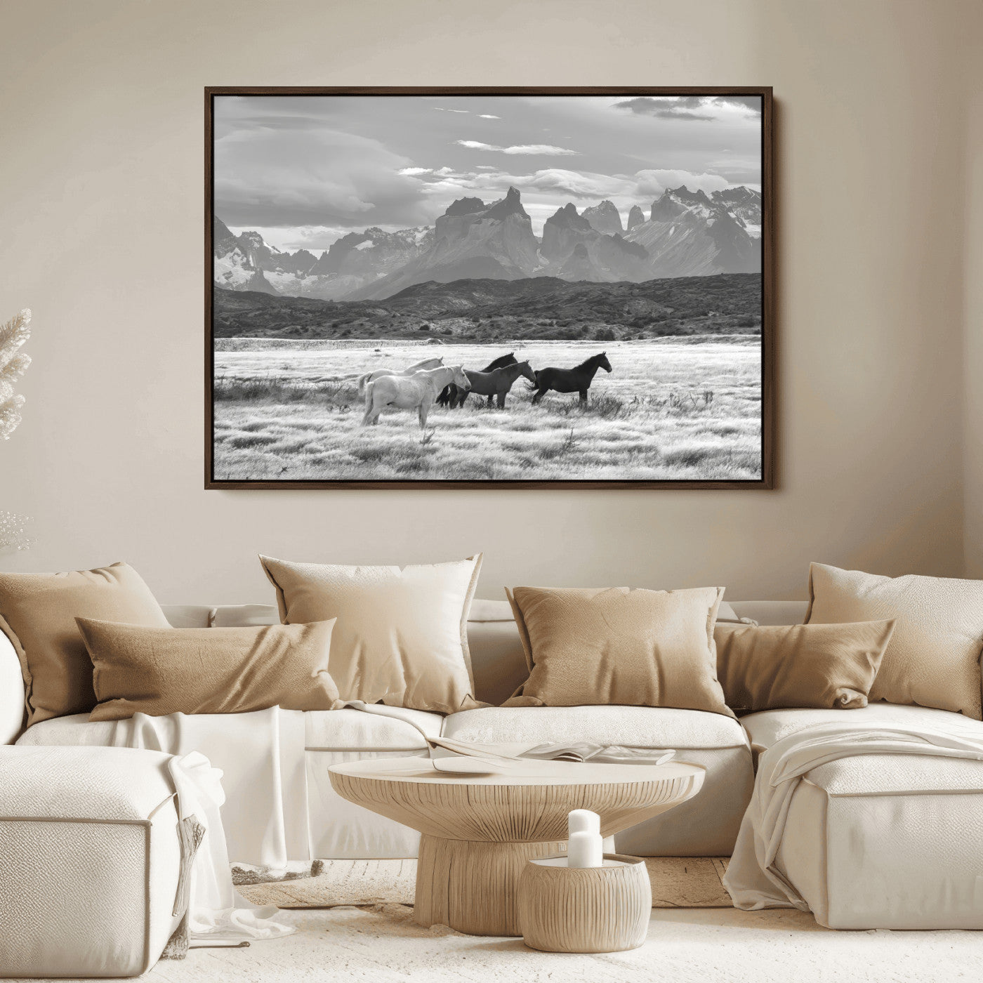 21655040-MGV-FC-36X24_Walnut-Wild Horses Wall Art Canvas Print, Framed Black White Mountains Art Picture Print, Rustic Countryside Perfect Rustic Western Decor