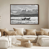 21655040-MGV-FC-36X24_Walnut-Wild Horses Wall Art Canvas Print, Framed Black White Mountains Art Picture Print, Rustic Countryside Perfect Rustic Western Decor