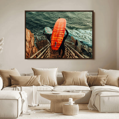 84555848-MGV-FC-36X24_Walnut-Surfer Stairway Wall Art Canvas Print, Framed Ocean Surf Art Picture Print, Sunset Coastal Perfect Coastal Adventure Decor Artwork
