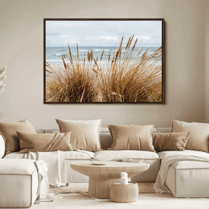 14270839-MGV-FC-36X24_Walnut-Beach Grass Wall Art Canvas Print, Framed Coastal Dunes Art Picture Print, Dune Grass Perfect Coastal Minimalist Decor Artwork
