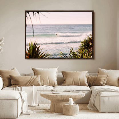 23287092-MGV-FC-36X24_Walnut-Ocean Surfer Wall Art Canvas Print, Framed Coastal Surf Art Picture Print, Tropical Beach Perfect Tropical Coastal Decor Artwork