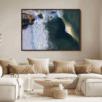 37405684-MGV-FC-36X24_Walnut-Nazare Coast Wall Art Canvas Print, Framed Aerial Ocean Art Picture Print, Coastal Fortress Perfect Dramatic Coastal Decor Artwork