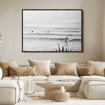 33821421-MGV-FC-36X24_Walnut-Surfer Silhouette Wall Art Canvas Print, Framed Calm Ocean Art Picture Print, Monochrome Surf Perfect Minimalist Coastal Decor