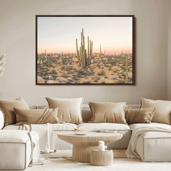 76234974-MGV-FC-36X24_Walnut-Desert Cactus Wall Art Canvas Print, Framed Baja Desert Art Picture Print, Pastel Desert Perfect Southwestern Boho Decor Artwork