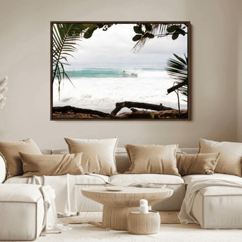 50382104-MGV-FC-36X24_Walnut-Tropical Surf Wall Art Canvas Print, Framed Palm Tree View Art Picture Print, Beach House Art Perfect Boho Coastal Decor Artwork