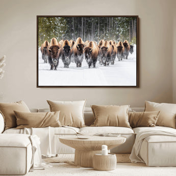 22695857-MGV-FC-36X24_Walnut-Bison Herd Scene Wall Art Canvas Print, Framed Western Wildlife Art Picture Print, Rustic Animal Art Perfect Rustic Lodge Decor