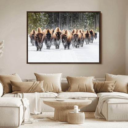 22695857-MGV-FC-36X24_Walnut-Bison Herd Scene Wall Art Canvas Print, Framed Western Wildlife Art Picture Print, Rustic Animal Art Perfect Rustic Lodge Decor
