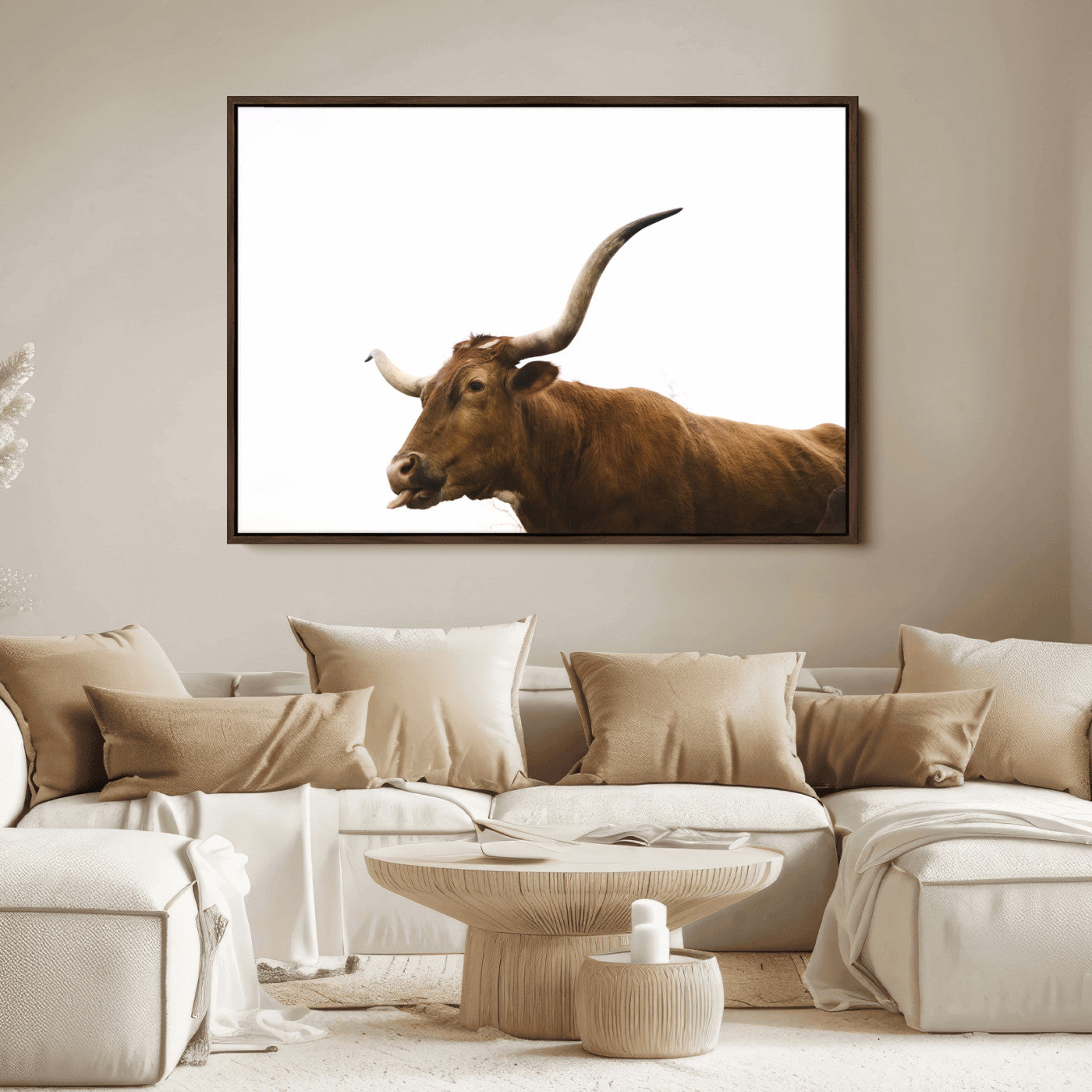 62566114-MGV-FC-36X24_Walnut-Longhorn Cow Art Wall Art Canvas Print, Framed Rustic Animal Decor Art Picture Print, Texas Bull Photo Perfect Rustic Farmhouse