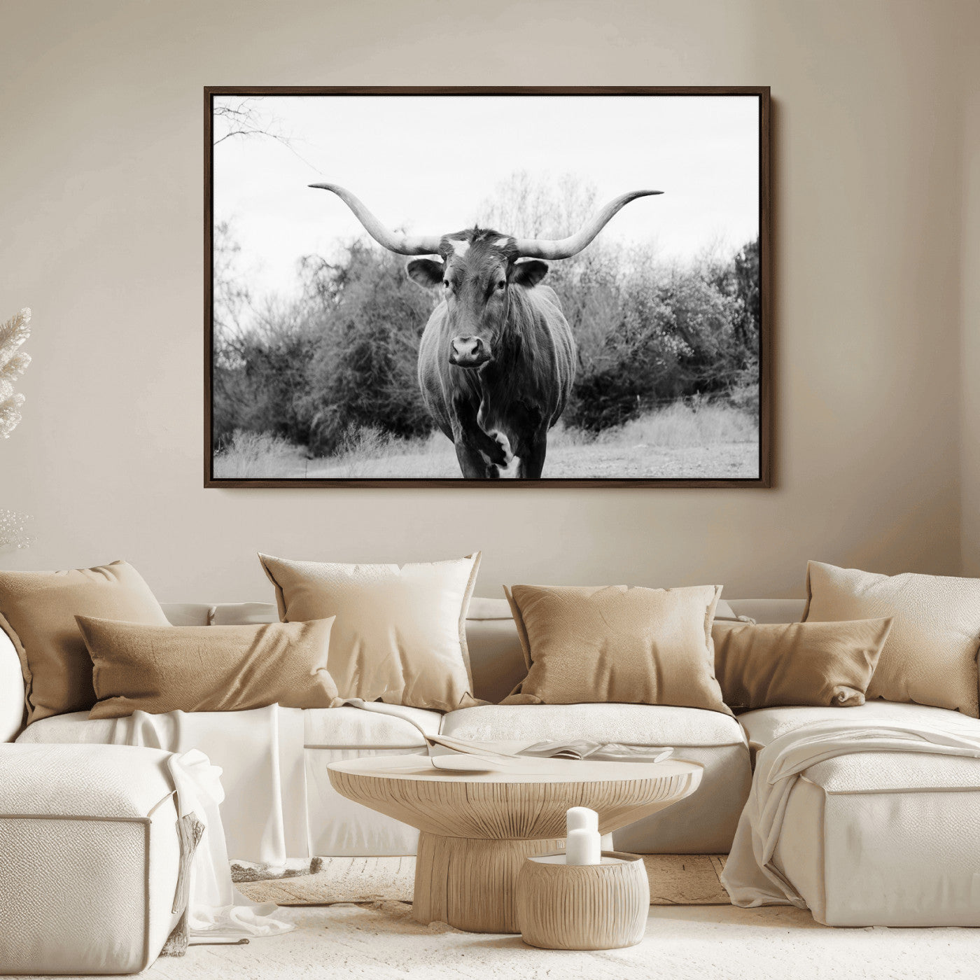 97280319-MGV-FC-36X24_Walnut-Longhorn Photography Wall Art Canvas Print, Framed Western Cow Decor Art Picture Print, Texas Ranch Style Perfect Rustic Farmhouse
