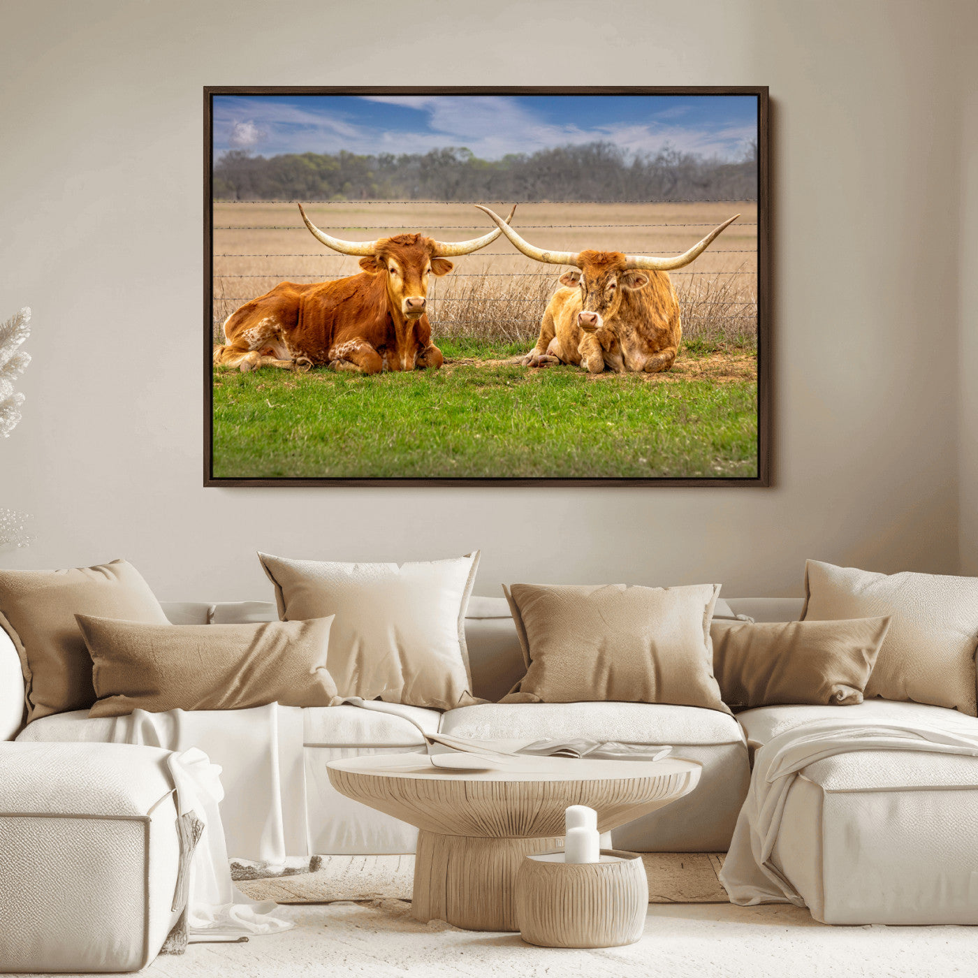 97244565-MGV-FC-36X24_Walnut-Longhorn Duo Wall Art Canvas Print, Framed Cozy Ranch Vibes Art Picture Print, Western Ranch Decor Perfect Rustic Farmhouse Decor