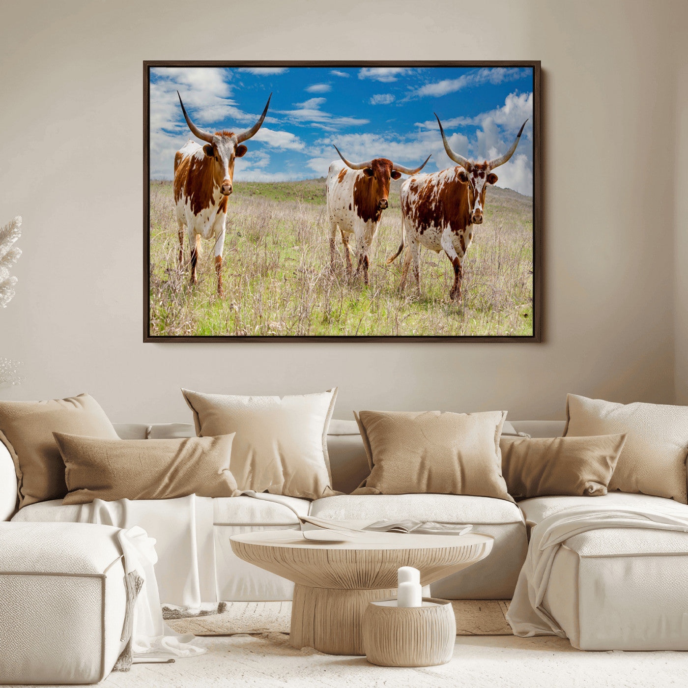 58099948-MGV-FC-36X24_Walnut-Texas Longhorn Wall Art Canvas Print, Framed Western Decor Art Picture Print, Rustic Farmhouse Perfect Western Farmhouse Decor
