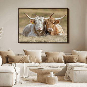 53388593-MGV-FC-36X24_Walnut-Cow Photography Wall Art Canvas Print, Framed Rustic Animal Decor Art Picture Print, Texas Cow Pair Perfect Western Farmhouse