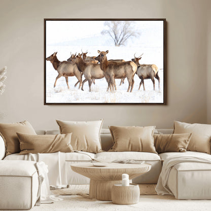 68738684-MGV-FC-36X24_Walnut-Winter Elk Scene Wall Art Canvas Print, Framed Wildlife Photography Art Picture Print, Snowy Deer Decor Perfect Rustic Lodge Decor
