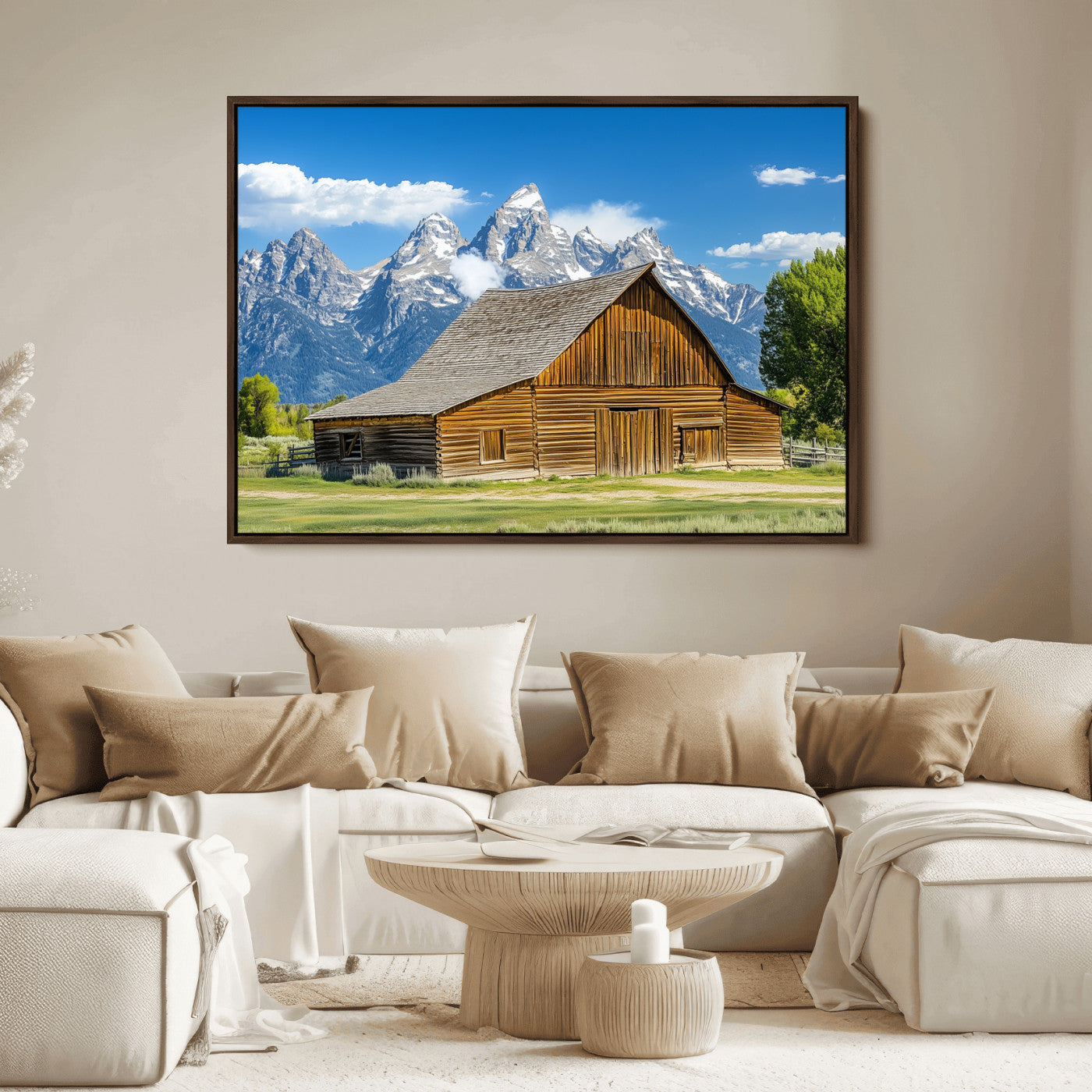 75948467-MGV-FC-36X24_Walnut-Mountain Barn Scene Wall Art Canvas Print, Framed Rustic Farmhouse Style Art Picture Print, Country Cabin Decor Perfect Rustic