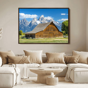 75948467-MGV-FC-36X24_Walnut-Mountain Barn Scene Wall Art Canvas Print, Framed Rustic Farmhouse Style Art Picture Print, Country Cabin Decor Perfect Rustic