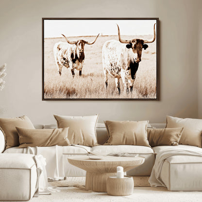 39672786-MGV-FC-36X24_Walnut-Rustic Cow Scene Wall Art Canvas Print, Framed Farmhouse Style Cattle Art Picture Print, Prairie Animal Duo Perfect Rustic Western
