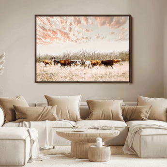 43704663-MGV-FC-36X24_Walnut-Country Cow Herd Wall Art Canvas Print, Framed Farmhouse Cattle Scene Art Picture Print, Rustic Ranch Decor Perfect Rustic