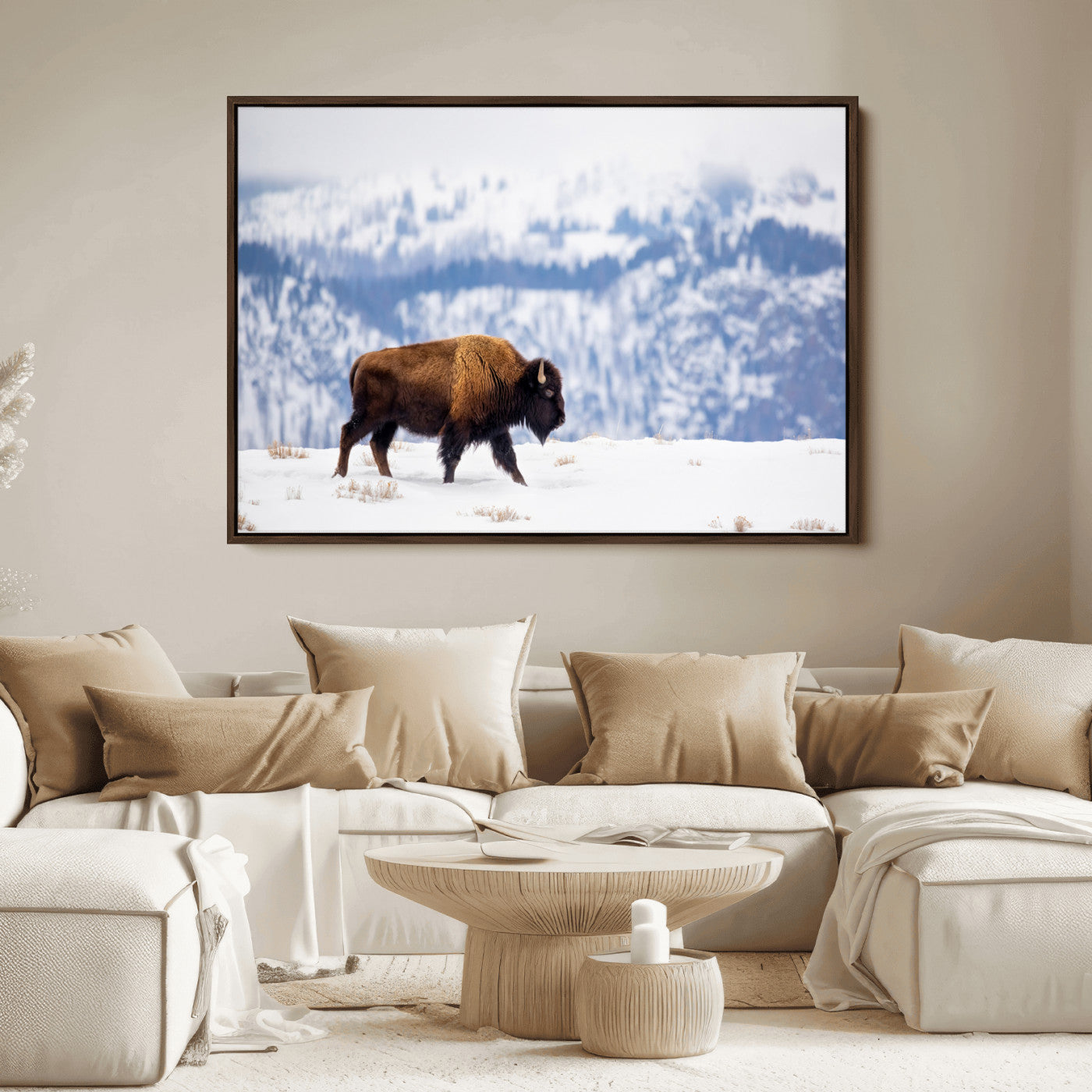 58512275-MGV-FC-36X24_Walnut-Cowboy Aesthetic Wall Art Canvas Print, Framed Neutral Animal Theme Art Picture Print, Bison Ranch Style Perfect Rustic Western