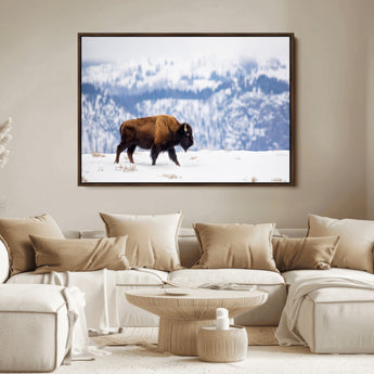 58512275-MGV-FC-36X24_Walnut-Cowboy Aesthetic Wall Art Canvas Print, Framed Neutral Animal Theme Art Picture Print, Bison Ranch Style Perfect Rustic Western