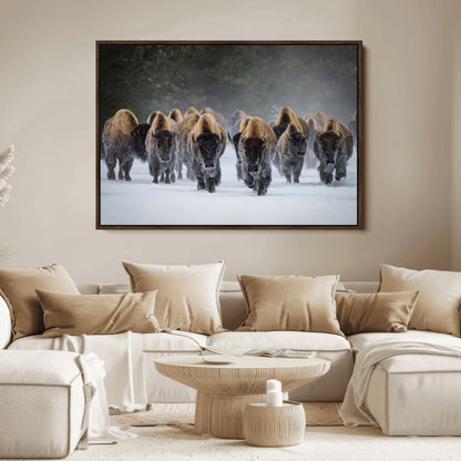 41669135-MGV-FC-36X24_Walnut-Bison Herd Scene Wall Art Canvas Print, Framed Rustic Wildlife Decor Art Picture Print, Snowy Bison Landscape Perfect Rustic