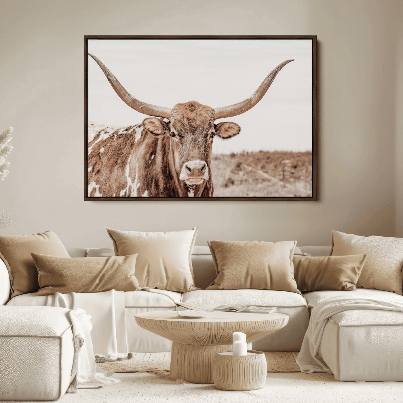 77810049-MGV-FC-36X24_Walnut-Longhorn Bull Photo Wall Art Canvas Print, Framed Rustic Cow Decor Art Picture Print, Neutral Farmhouse Style Perfect Rustic