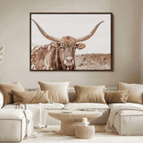 77810049-MGV-FC-36X24_Walnut-Longhorn Bull Photo Wall Art Canvas Print, Framed Rustic Cow Decor Art Picture Print, Neutral Farmhouse Style Perfect Rustic