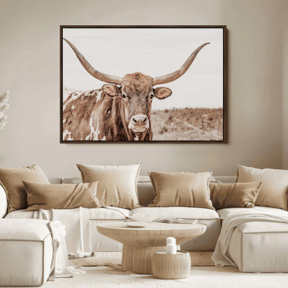 77810049-MGV-FC-36X24_Walnut-Longhorn Bull Photo Wall Art Canvas Print, Framed Rustic Cow Decor Art Picture Print, Neutral Farmhouse Style Perfect Rustic