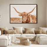 74406977-MGV-FC-36X24_Walnut-Longhorn Bull Decor Wall Art Canvas Print, Framed Western Cow Theme Art Picture Print, Rustic Farmhouse Wall Perfect Neutral