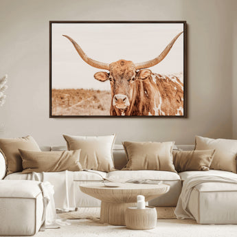 74406977-MGV-FC-36X24_Walnut-Longhorn Bull Decor Wall Art Canvas Print, Framed Western Cow Theme Art Picture Print, Rustic Farmhouse Wall Perfect Neutral