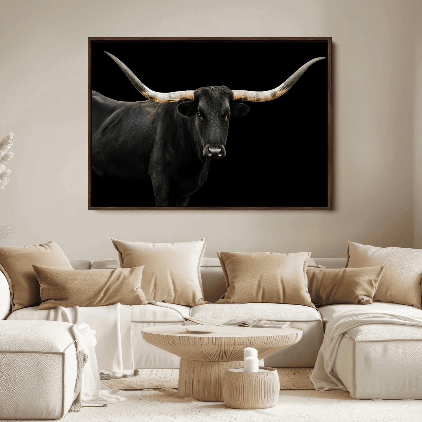 23572907-MGV-FC-36X24_Walnut-Texas Longhorn Wall Art Canvas Print, Framed Rustic Western Decor Art Picture Print, Farmhouse Animal Perfect Modern Western