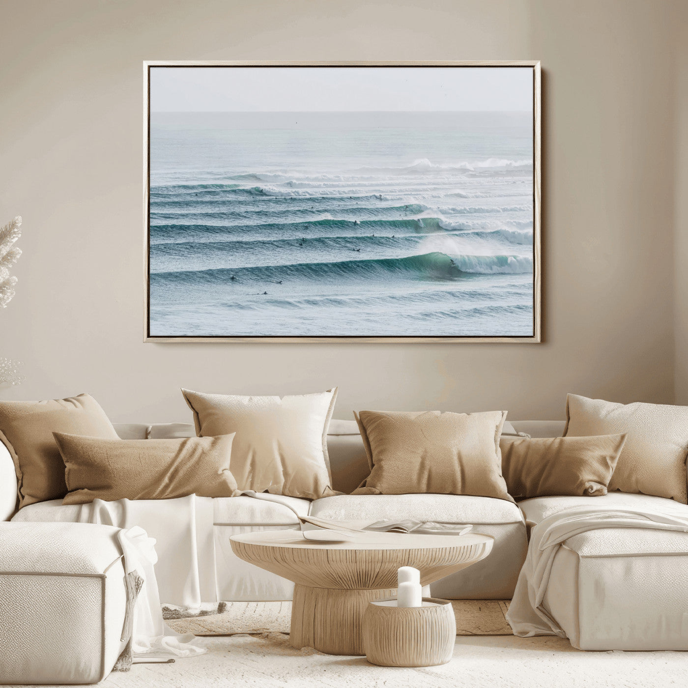 73969318-MGV-FC-36X24_Natural-Ocean Waves Wall Art Canvas Print, Framed Surfer Lineup Art Picture Print, Crowded Ocean Perfect Minimal Coastal Decor Artwork