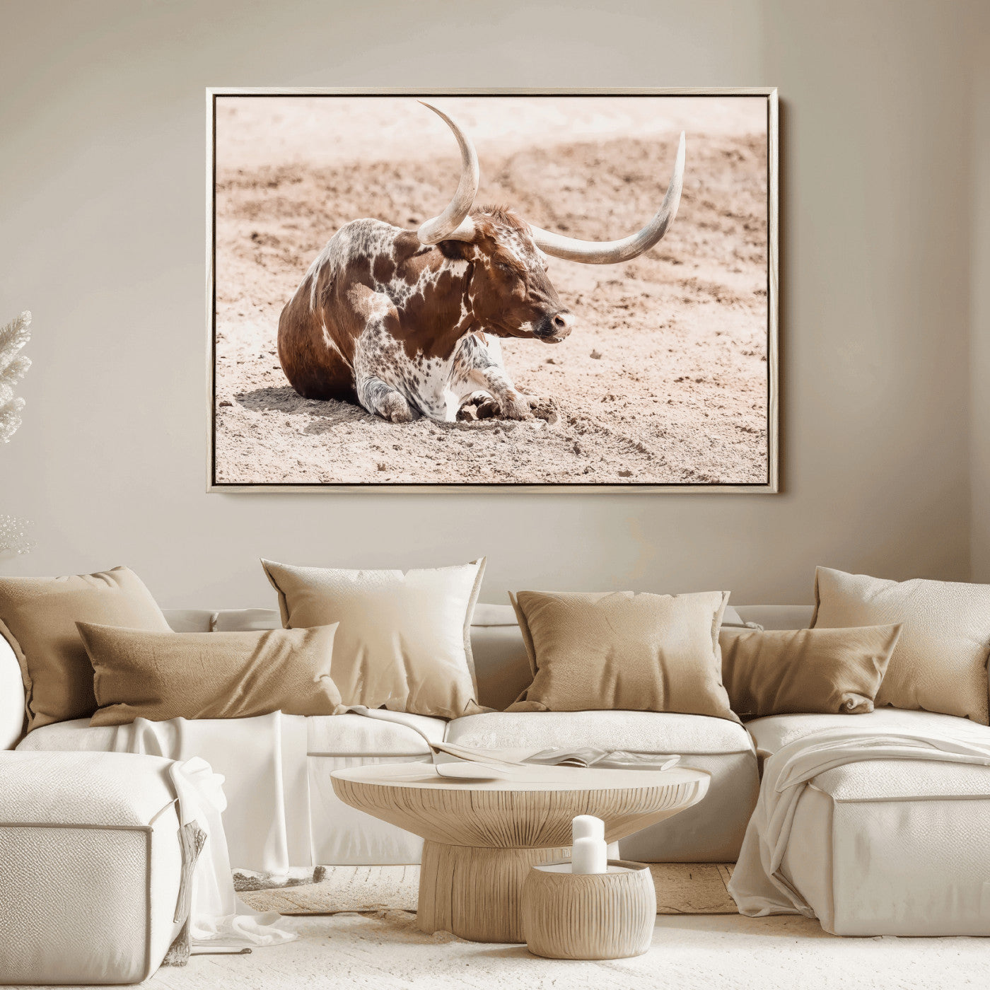 25407592-MGV-FC-36X24_Natural-Texas Longhorn Wall Art Canvas Print, Framed Resting Bull Art Picture Print, Spotted Cattle Perfect Rustic Western Decor Artwork