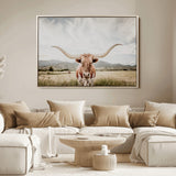 80054319-MGV-FC-36X24_Natural-Texas Longhorn Wall Art Canvas Print, Framed Western Cow Art Picture Print, Rustic Farmhouse Perfect Farmhouse Decor Artwork