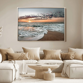 40632752-MGV-FC-36X24_Natural-Ocean Sunset Wall Art Canvas Print, Framed Beach Waves Art Picture Print, Coastal Scene Perfect Coastal Decor Artwork
