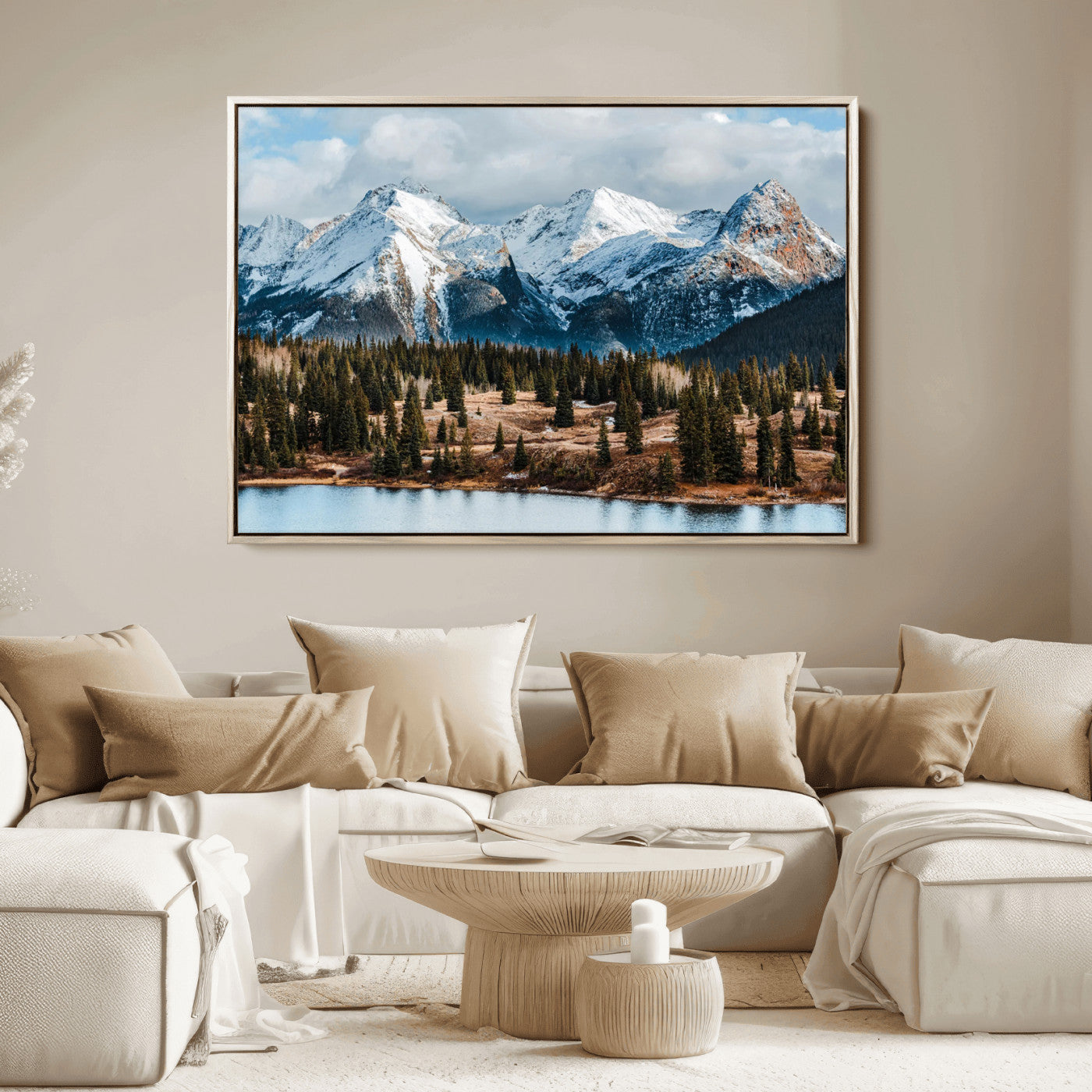 36247746-MGV-FC-36X24_Natural-Snowy Peaks Wall Art Canvas Print, Framed Alpine Lake Art Picture Print, Pine Forest Perfect Alpine Wilderness Decor Artwork