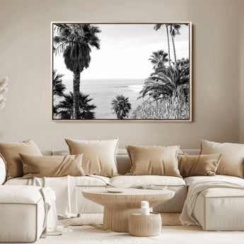 89458520-MGV-FC-36X24_Natural-Palm Trees Wall Art Canvas Print, Framed Coastal View Art Picture Print, Ocean Horizon Perfect Monochrome Coast Decor Artwork